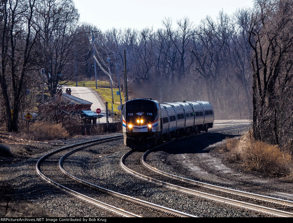 AMTK 715 leads the northbound Adirondack through Stuyvesant